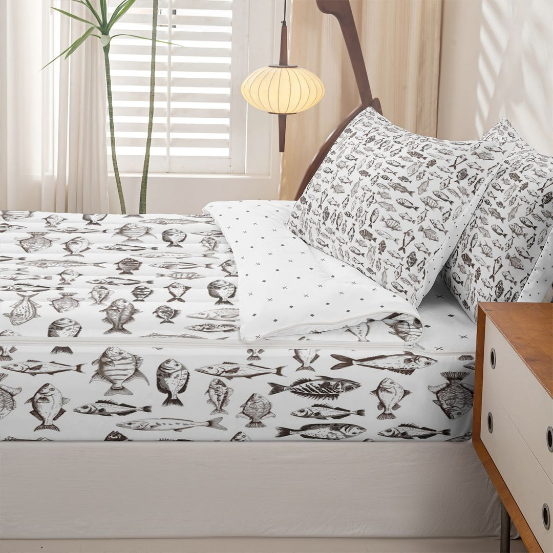 meiyoeat Minimal Fish Sketch Zipper Full Size Comforter Sets with Fitted Sheet and 2 Pillowcases For Kids,Wild Pike Zipper Bedding Set For Boys,Reversible,4-Piece
