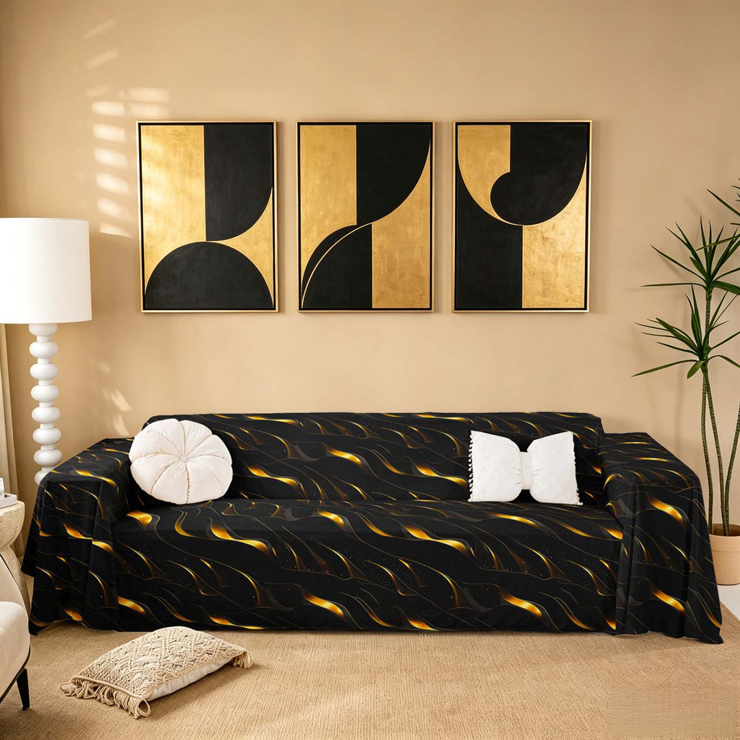 meiyoeat Black Gold Sofa Cover Slipcover 71x91, Geometric Lines Chair Loveseat Couch Cover