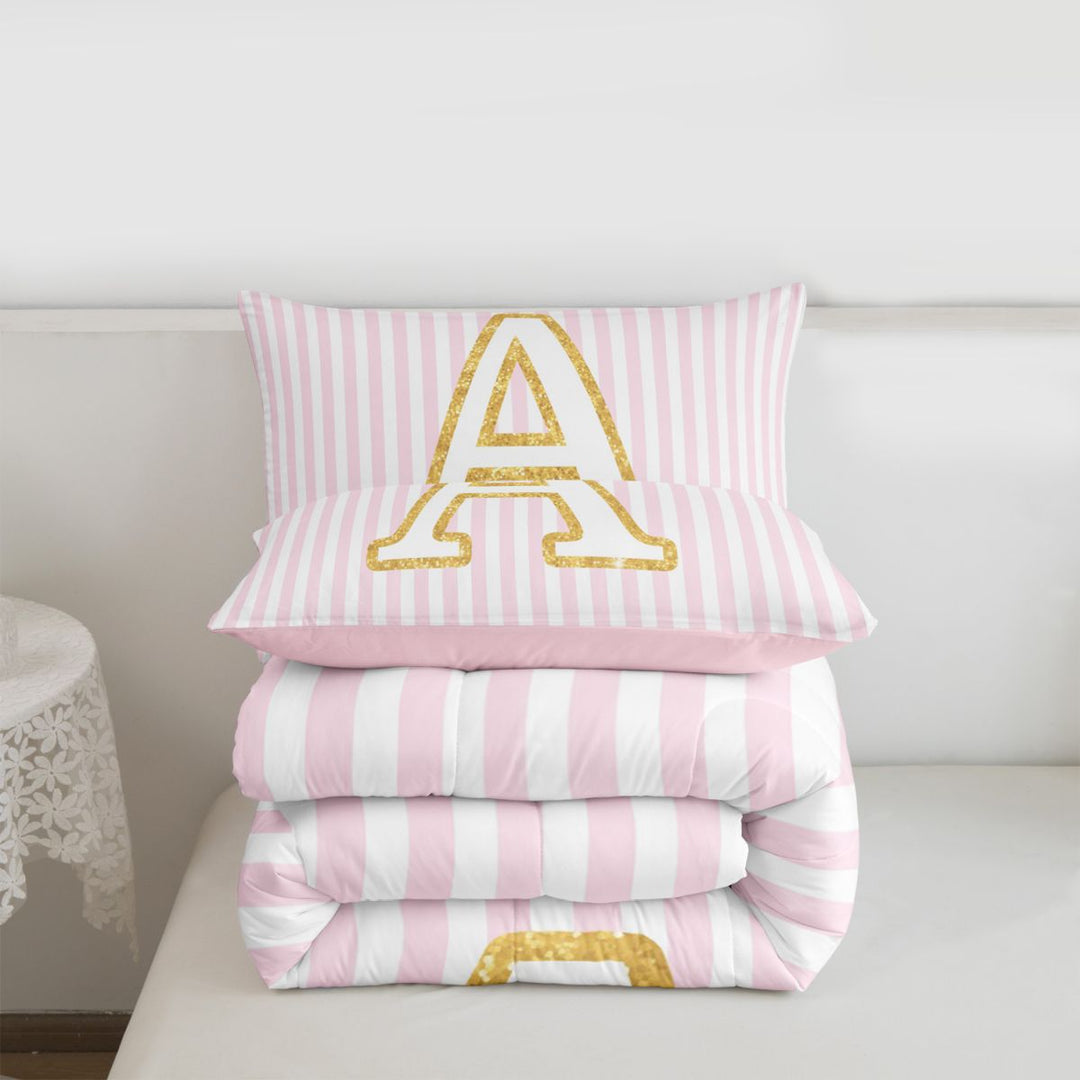 meiyoeat Gold Monogram A Letter Full Size Comforter Sets For Girls,Pink Geometric Lines Bedding Sets For Kids,pink Reversible,3 Pieces