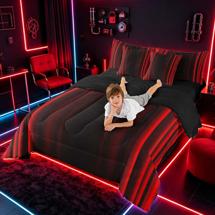 meiyoeat Modern Red Striped Bedding Comforter Set, Luxury Dark Gradient Full Bedding Set for Boys, Red, Black Reversible 7 Pieces