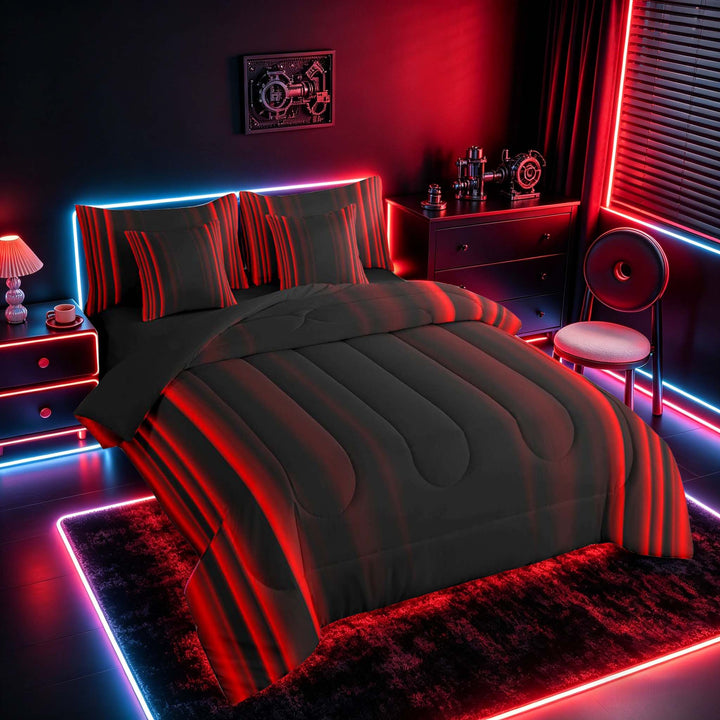 meiyoeat Modern Red Striped Bedding Comforter Set, Luxury Dark Gradient Full Bedding Set for Boys, Red, Black Reversible 7 Pieces