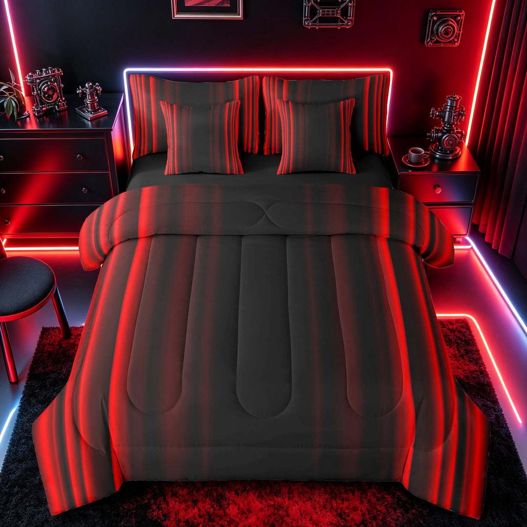 meiyoeat Modern Red Striped Bedding Comforter Set, Luxury Dark Gradient Full Bedding Set for Boys, Red, Black Reversible 7 Pieces