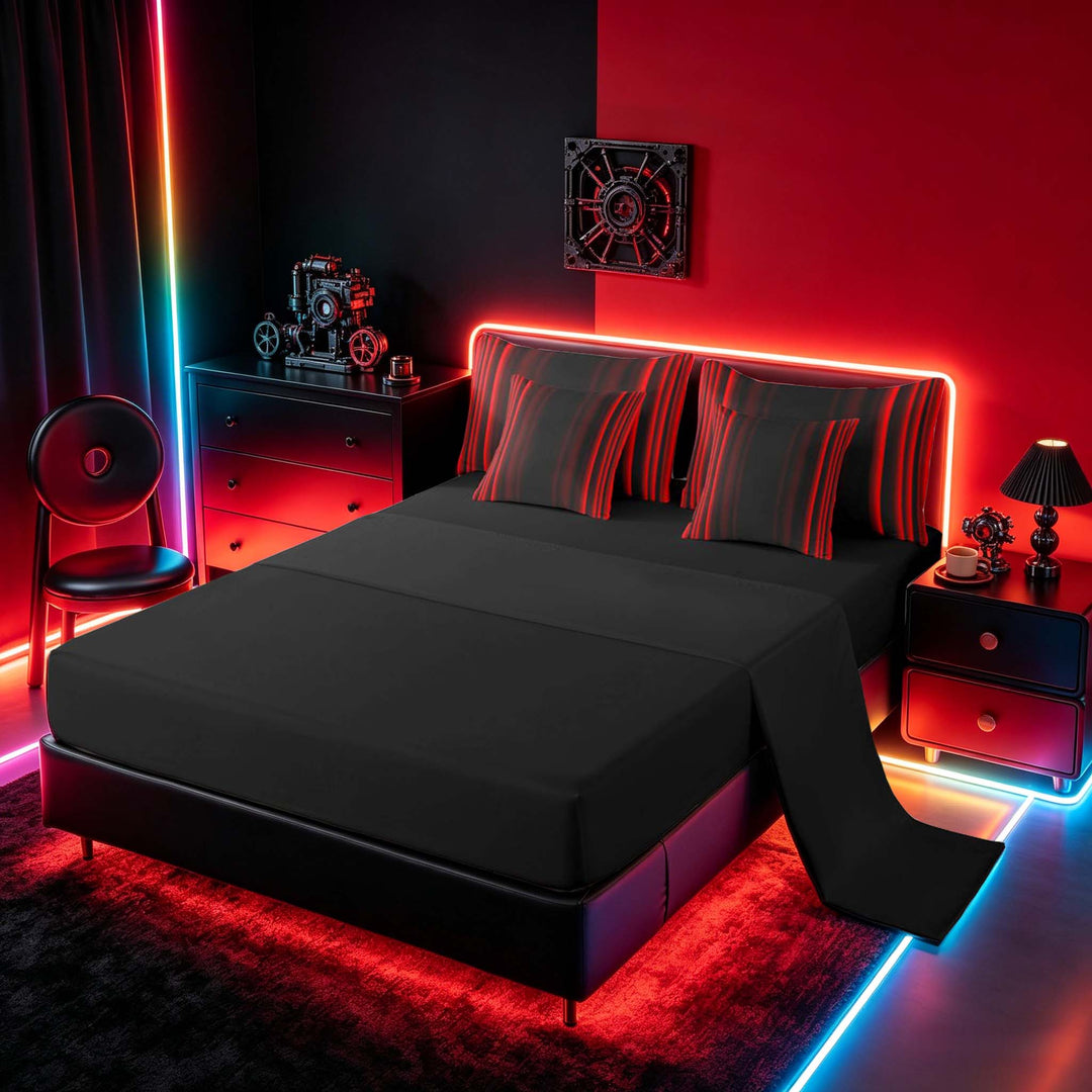 meiyoeat Modern Red Striped Bedding Comforter Set, Luxury Dark Gradient Full Bedding Set for Boys, Red, Black Reversible 7 Pieces
