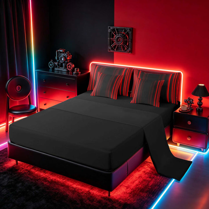 meiyoeat Modern Red Striped Bedding Comforter Set, Luxury Dark Gradient Full Bedding Set for Boys, Red, Black Reversible 7 Pieces