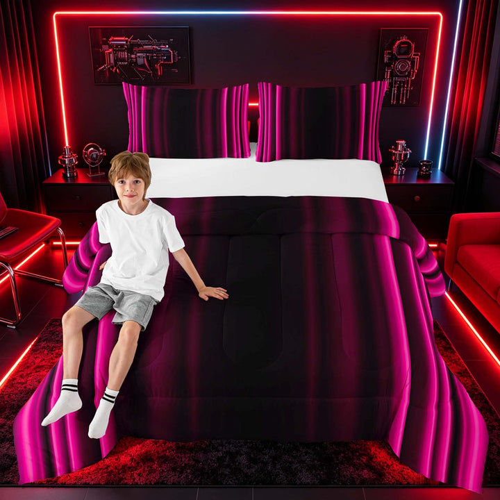 meiyoeat Modern Pink Striped Full Size Comforter Sets, Luxury Dark Gradient Bedding Sets for Boys, Pink, Black Reversible 3pcs, 1 Comforter and 2 Pillowcases