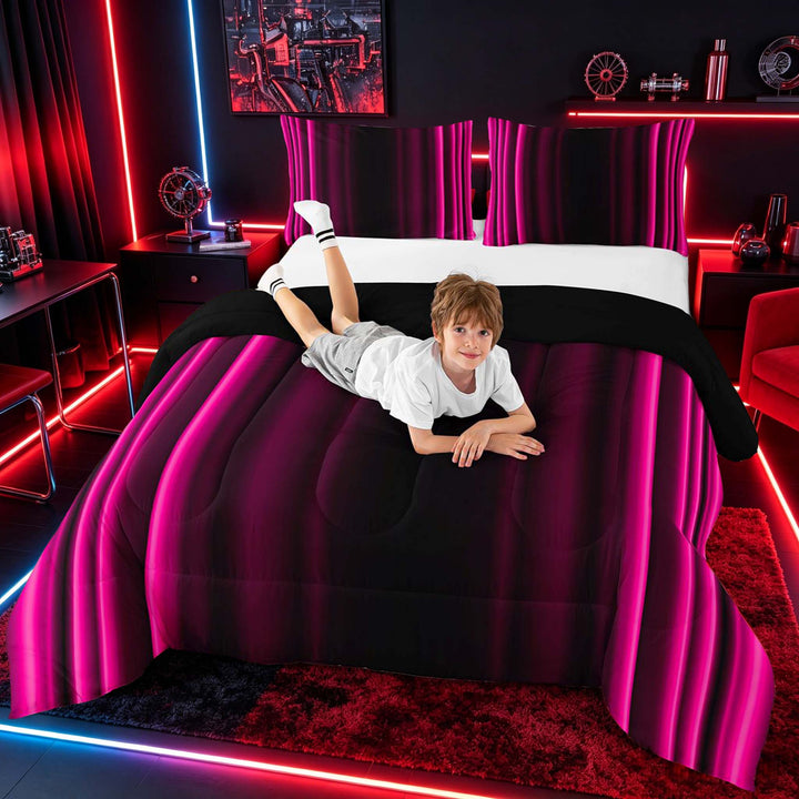 meiyoeat Modern Pink Striped Full Size Comforter Sets, Luxury Dark Gradient Bedding Sets for Boys, Pink, Black Reversible 3pcs, 1 Comforter and 2 Pillowcases
