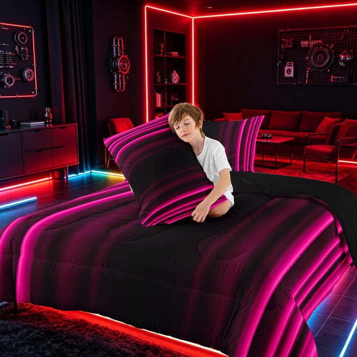 meiyoeat Modern Pink Striped Full Size Comforter Sets, Luxury Dark Gradient Bedding Sets for Boys, Pink, Black Reversible 3pcs, 1 Comforter and 2 Pillowcases