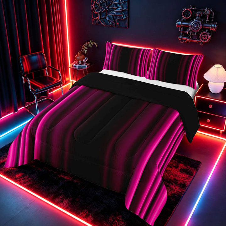 meiyoeat Modern Pink Striped Full Size Comforter Sets, Luxury Dark Gradient Bedding Sets for Boys, Pink, Black Reversible 3pcs, 1 Comforter and 2 Pillowcases