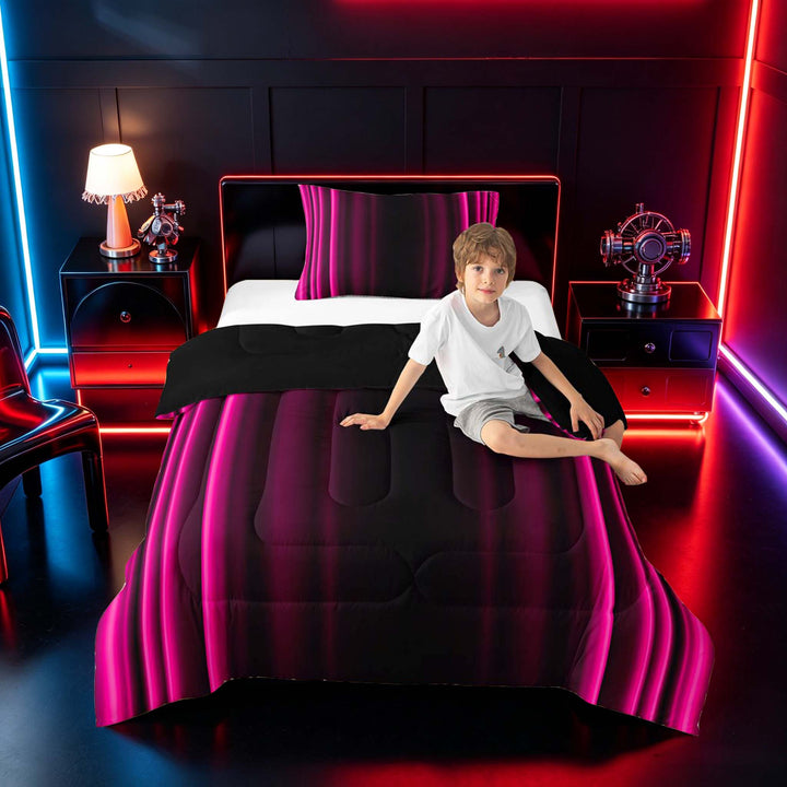 meiyoeat Modern Pink Striped Full Size Comforter Sets, Luxury Dark Gradient Bedding Sets for Boys, Pink, Black Reversible 3pcs, 1 Comforter and 2 Pillowcases