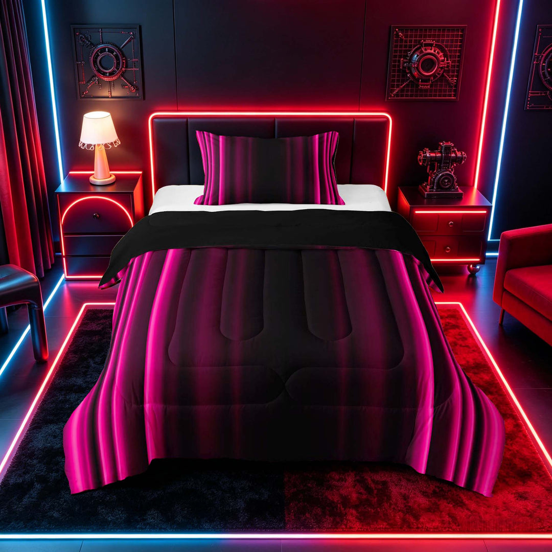 meiyoeat Modern Pink Striped Full Size Comforter Sets, Luxury Dark Gradient Bedding Sets for Boys, Pink, Black Reversible 3pcs, 1 Comforter and 2 Pillowcases