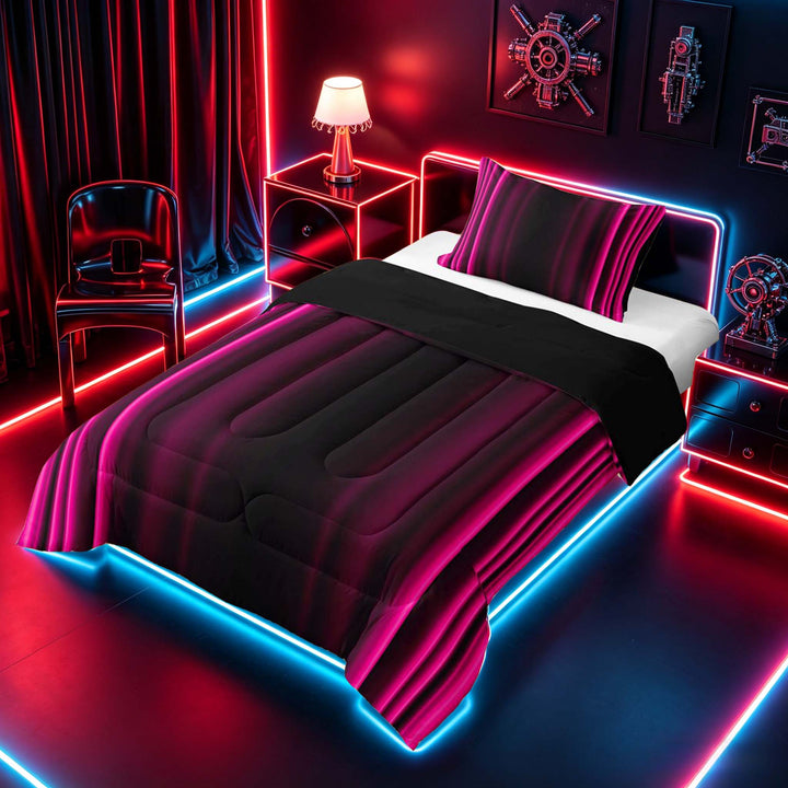 meiyoeat Modern Pink Striped Full Size Comforter Sets, Luxury Dark Gradient Bedding Sets for Boys, Pink, Black Reversible 3pcs, 1 Comforter and 2 Pillowcases