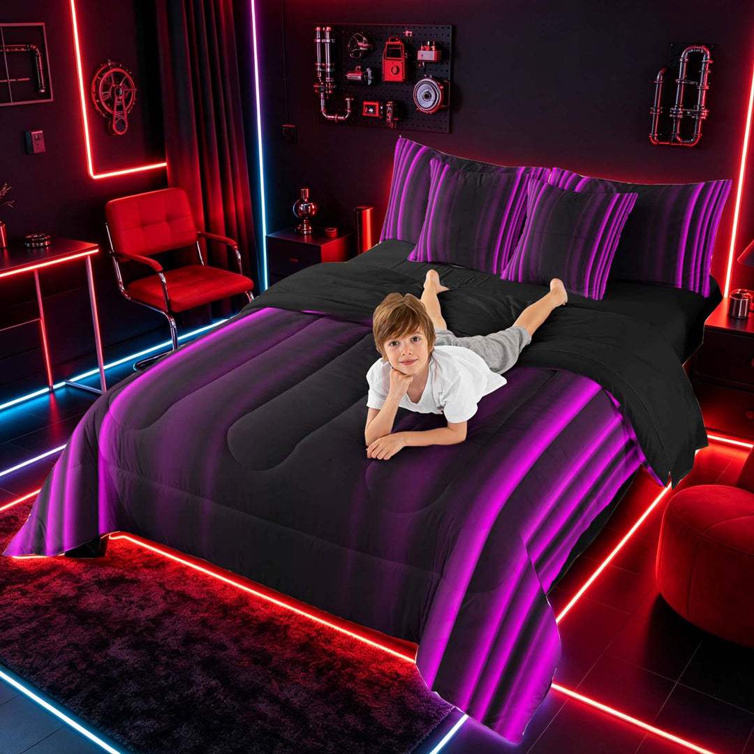 meiyoeat Modern Purple Striped Bedding Comforter Set, Luxury Dark Gradient Full Bedding Set for Boys, Purple, Black Reversible 7 Pieces