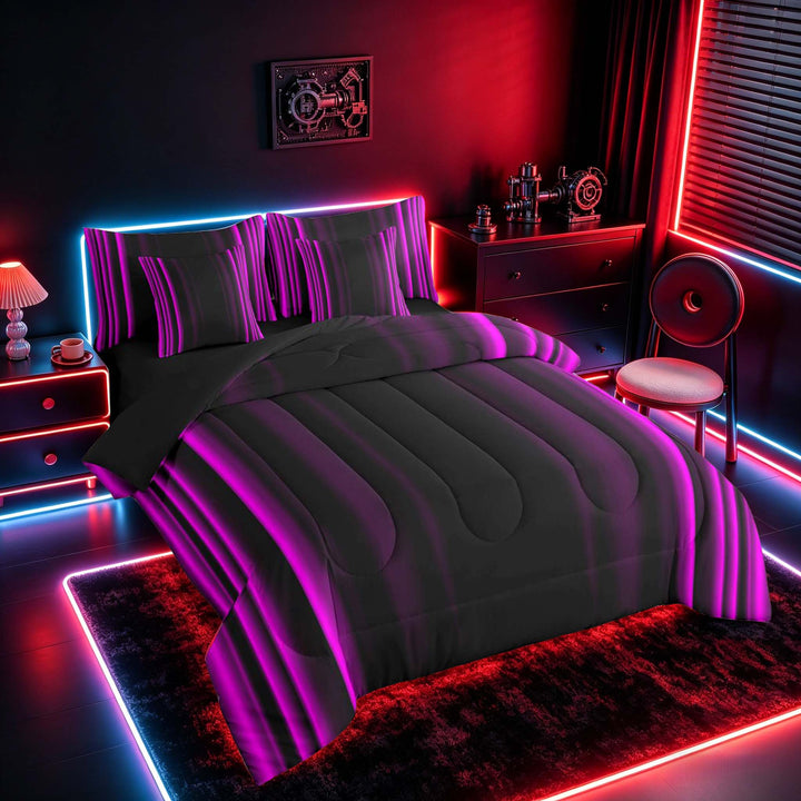meiyoeat Modern Purple Striped Bedding Comforter Set, Luxury Dark Gradient Full Bedding Set for Boys, Purple, Black Reversible 7 Pieces