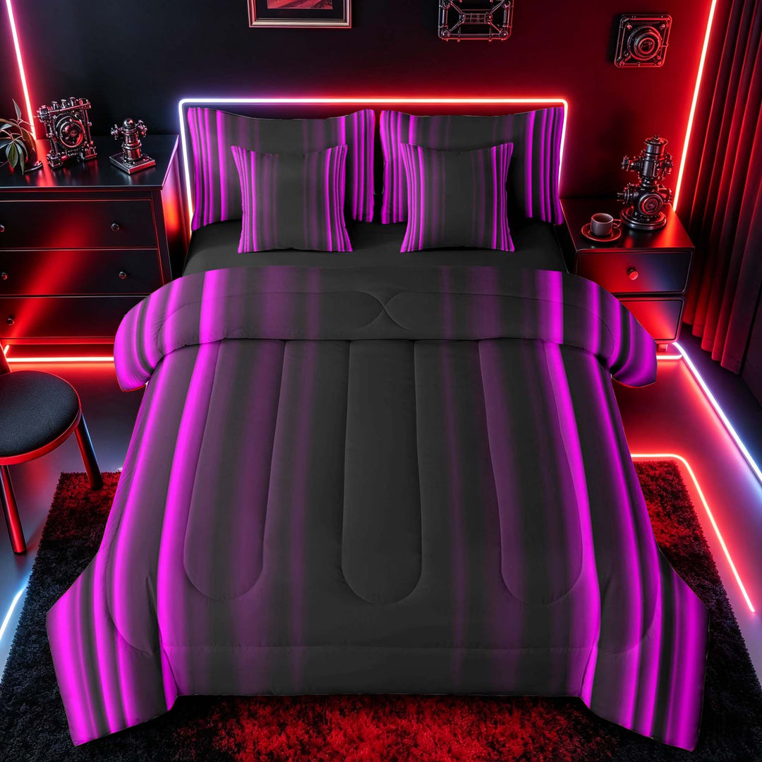 meiyoeat Modern Purple Striped Bedding Comforter Set, Luxury Dark Gradient Full Bedding Set for Boys, Purple, Black Reversible 7 Pieces