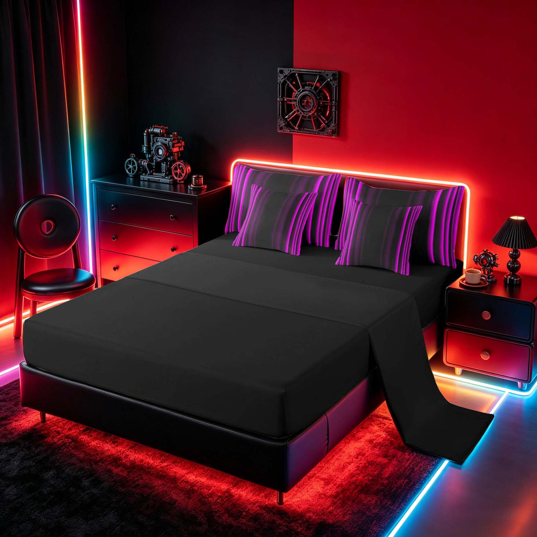 meiyoeat Modern Purple Striped Bedding Comforter Set, Luxury Dark Gradient Full Bedding Set for Boys, Purple, Black Reversible 7 Pieces