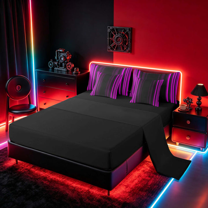 meiyoeat Modern Purple Striped Bedding Comforter Set, Luxury Dark Gradient Full Bedding Set for Boys, Purple, Black Reversible 7 Pieces
