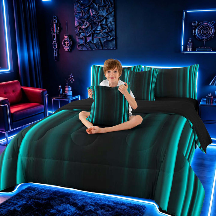meiyoeat Modern Teal Striped Bedding Comforter Set, Luxury Dark Gradient Full Bedding Set for Boys, Teal, Black Reversible 7-Piece