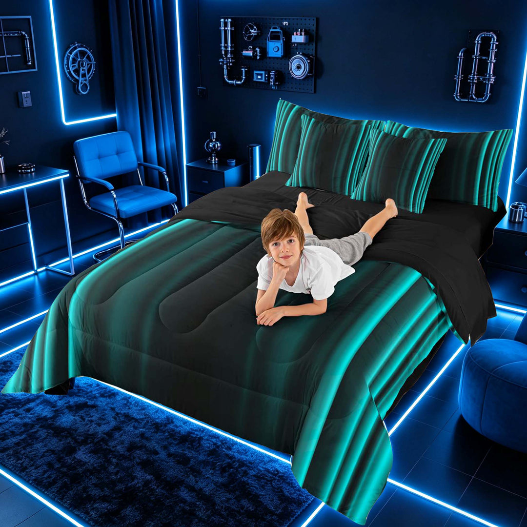 meiyoeat Modern Teal Striped Bedding Comforter Set, Luxury Dark Gradient Full Bedding Set for Boys, Teal, Black Reversible 7-Piece