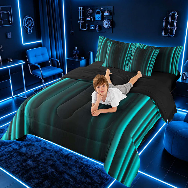 meiyoeat Modern Teal Striped Bedding Comforter Set, Luxury Dark Gradient Full Bedding Set for Boys, Teal, Black Reversible 7-Piece