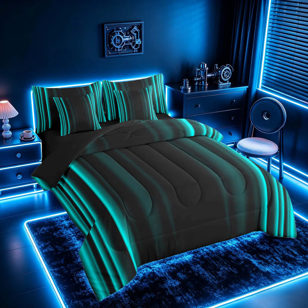 meiyoeat Modern Teal Striped Bedding Comforter Set, Luxury Dark Gradient Full Bedding Set for Boys, Teal, Black Reversible 7-Piece