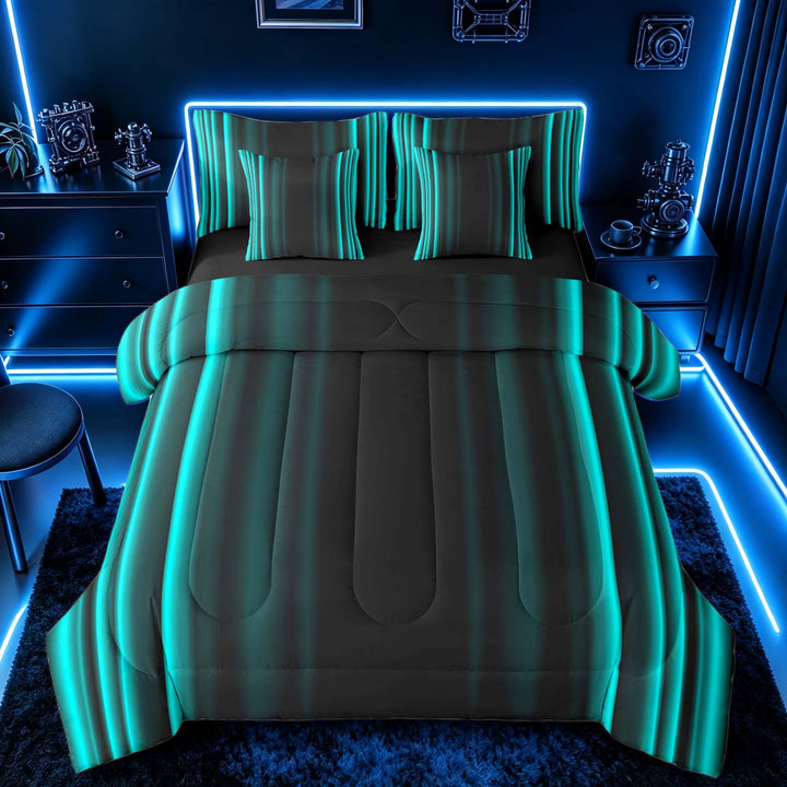 meiyoeat Modern Teal Striped Bedding Comforter Set, Luxury Dark Gradient Full Bedding Set for Boys, Teal, Black Reversible 7-Piece