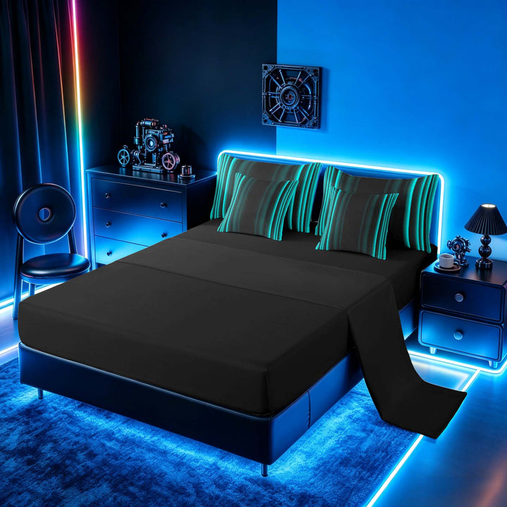 meiyoeat Modern Teal Striped Bedding Comforter Set, Luxury Dark Gradient Full Bedding Set for Boys, Teal, Black Reversible 7-Piece
