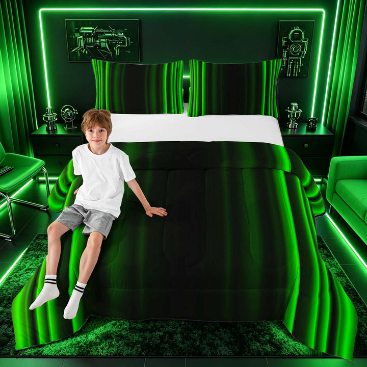 meiyoeat Modern Green Striped Full Size Comforter Sets, Luxury Dark Gradient Bedding Sets for Boys, Green, Black Reversible 3pcs, 1 Comforter and 2 Pillowcases