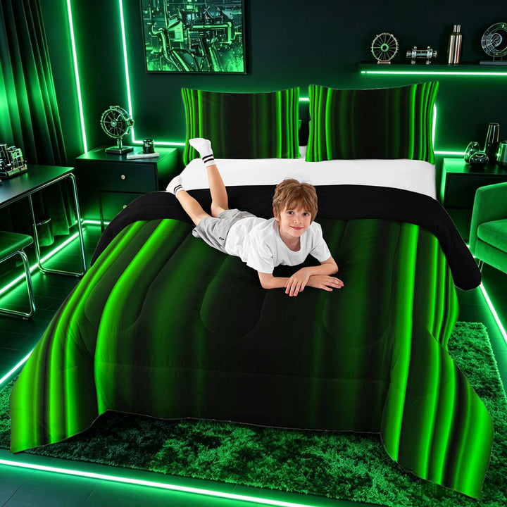 meiyoeat Modern Green Striped Full Size Comforter Sets, Luxury Dark Gradient Bedding Sets for Boys, Green, Black Reversible 3pcs, 1 Comforter and 2 Pillowcases