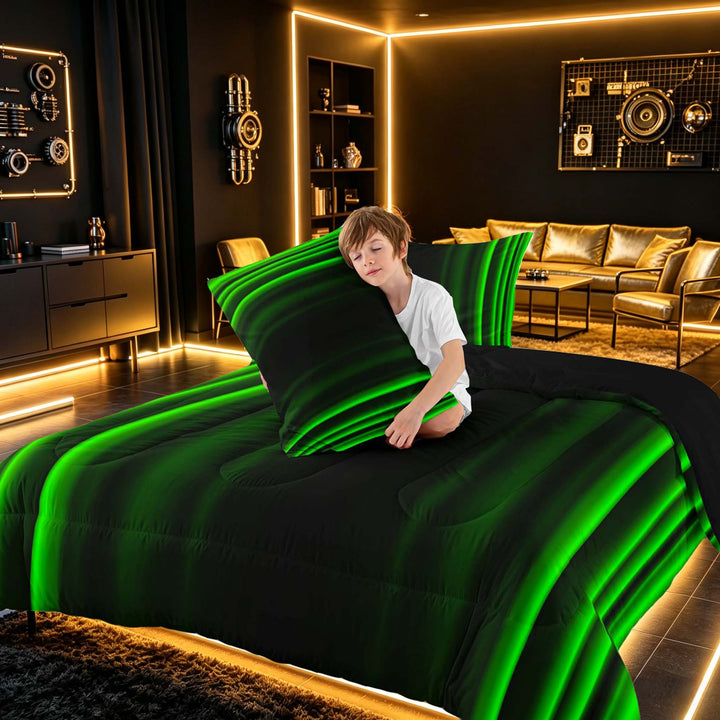 meiyoeat Modern Green Striped Full Size Comforter Sets, Luxury Dark Gradient Bedding Sets for Boys, Green, Black Reversible 3pcs, 1 Comforter and 2 Pillowcases