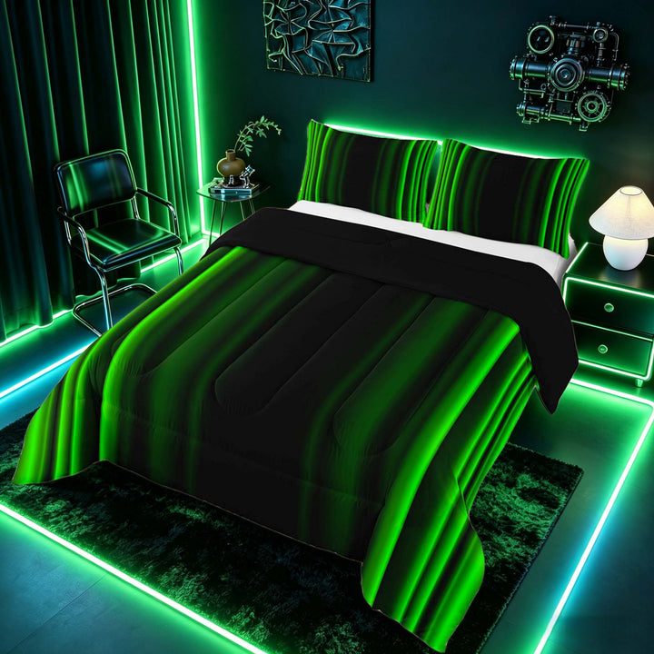 meiyoeat Modern Green Striped Full Size Comforter Sets, Luxury Dark Gradient Bedding Sets for Boys, Green, Black Reversible 3pcs, 1 Comforter and 2 Pillowcases