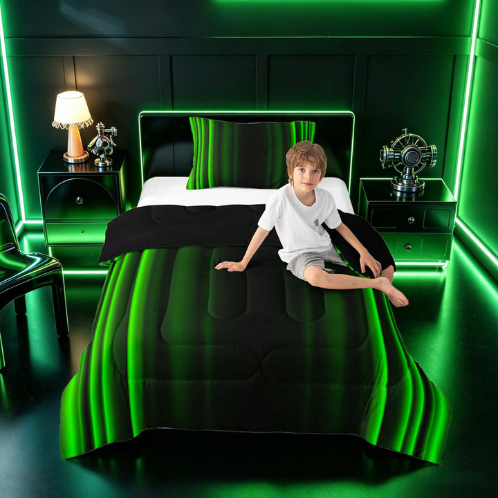 meiyoeat Modern Green Striped Full Size Comforter Sets, Luxury Dark Gradient Bedding Sets for Boys, Green, Black Reversible 3pcs, 1 Comforter and 2 Pillowcases