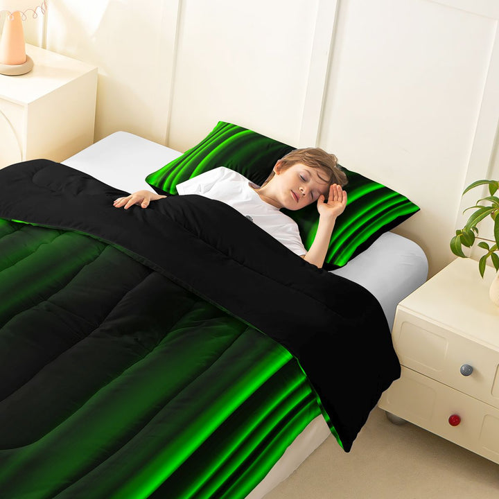 meiyoeat Modern Green Striped Full Size Comforter Sets, Luxury Dark Gradient Bedding Sets for Boys, Green, Black Reversible 3pcs, 1 Comforter and 2 Pillowcases