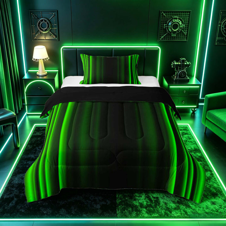 meiyoeat Modern Green Striped Full Size Comforter Sets, Luxury Dark Gradient Bedding Sets for Boys, Green, Black Reversible 3pcs, 1 Comforter and 2 Pillowcases