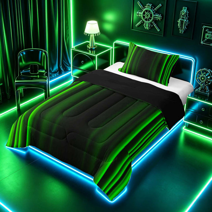 meiyoeat Modern Green Striped Full Size Comforter Sets, Luxury Dark Gradient Bedding Sets for Boys, Green, Black Reversible 3pcs, 1 Comforter and 2 Pillowcases