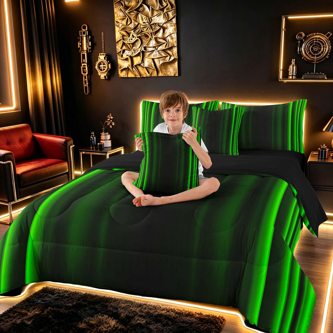 meiyoeat Modern Green Striped Bedding Comforter Set, Luxury Dark Gradient Full Bedding Set for Boys, Green, Black Reversible 7pcs