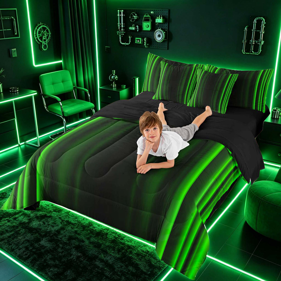 meiyoeat Modern Green Striped Bedding Comforter Set, Luxury Dark Gradient Full Bedding Set for Boys, Green, Black Reversible 7pcs