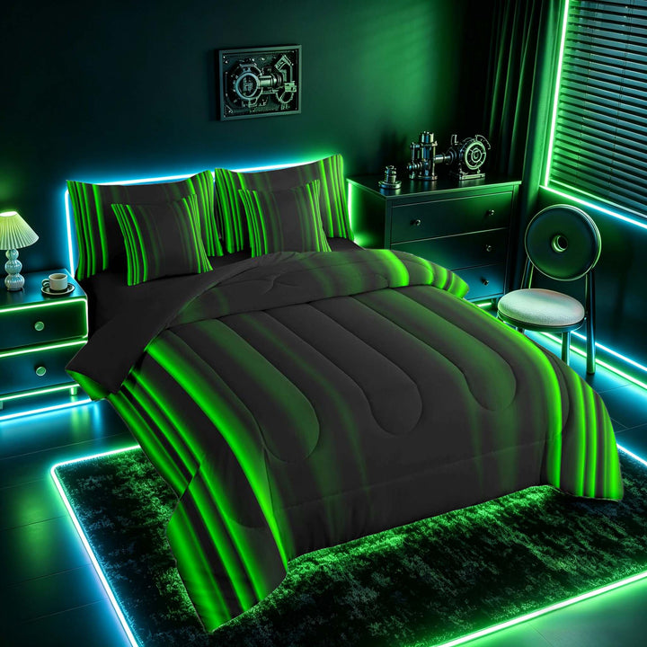 meiyoeat Modern Green Striped Bedding Comforter Set, Luxury Dark Gradient Full Bedding Set for Boys, Green, Black Reversible 7pcs