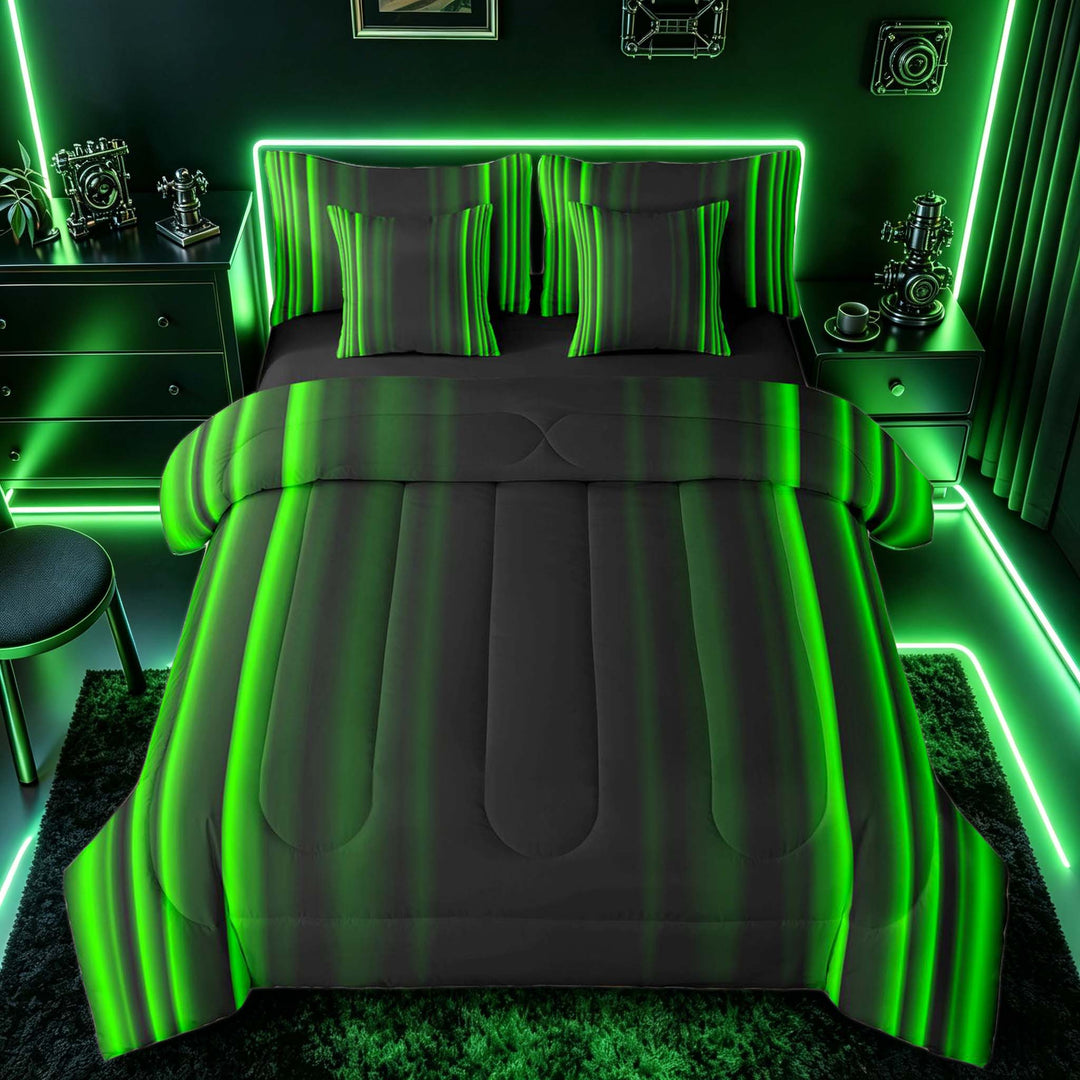 meiyoeat Modern Green Striped Bedding Comforter Set, Luxury Dark Gradient Full Bedding Set for Boys, Green, Black Reversible 7pcs