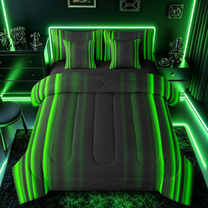 meiyoeat Modern Green Striped Bedding Comforter Set, Luxury Dark Gradient Full Bedding Set for Boys, Green, Black Reversible 7pcs
