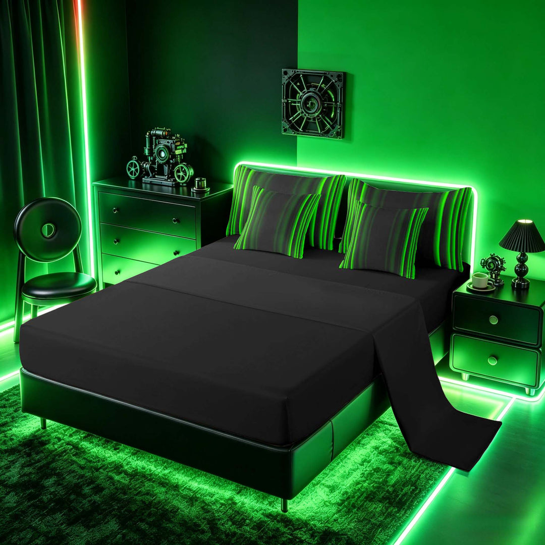 meiyoeat Modern Green Striped Bedding Comforter Set, Luxury Dark Gradient Full Bedding Set for Boys, Green, Black Reversible 7pcs