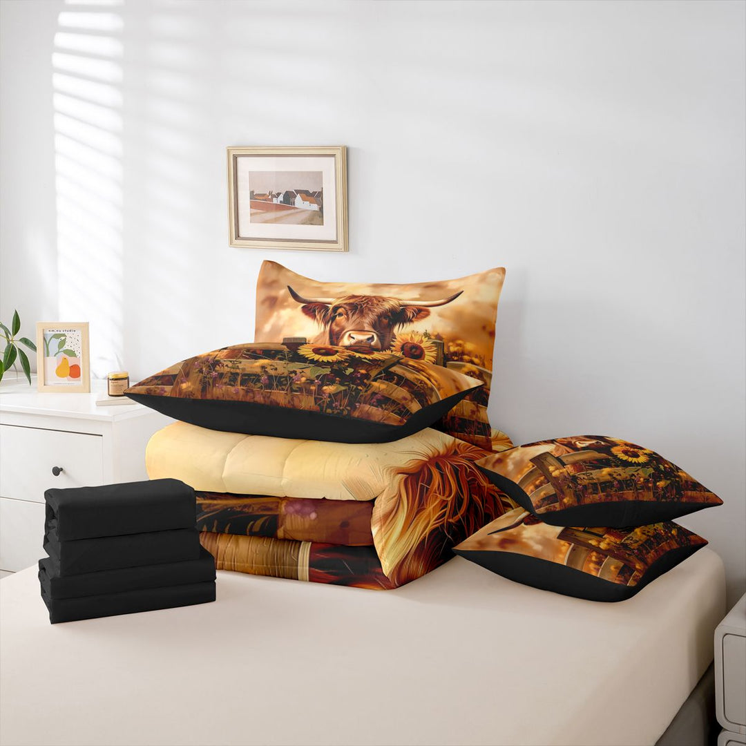 meiyoeat rustic Farm Animal 7 Pieces Full Size Bedding Sets,Country Farm Highland Cow Sunflower Full Size Bed in a Bag,Reversible