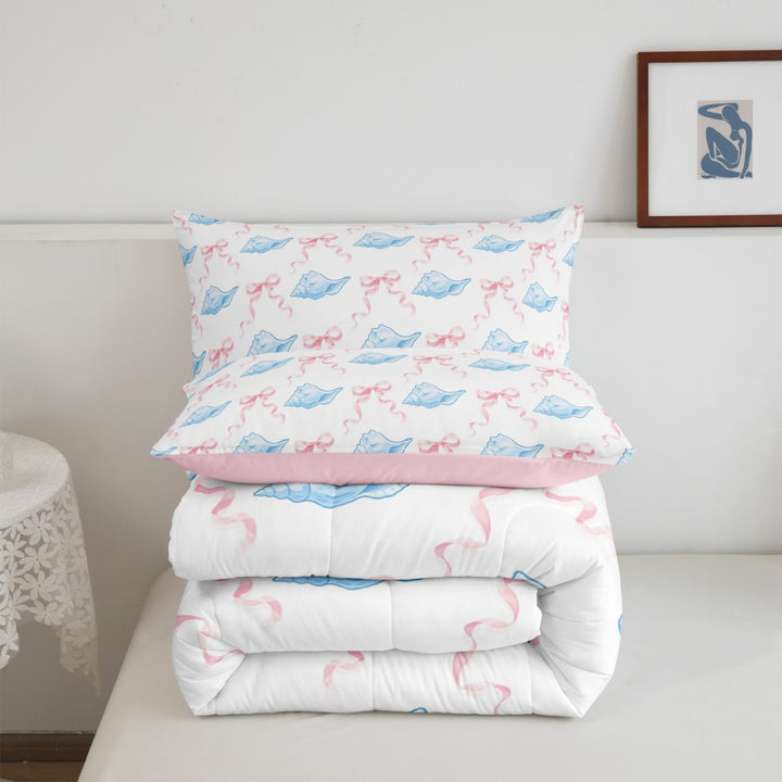 meiyoeat cute Seashell Bow Full Size Comforter Sets,Watercolor Coastal Style Bedding Comforter Set,Pink Reversible,3pcs,1 Comforter and 2 Pillowcases