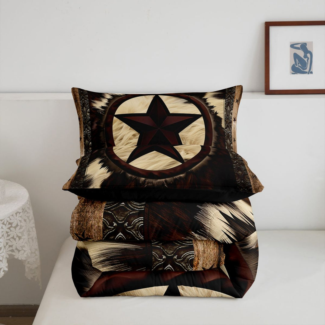 meiyoeat Vintage Cattle Hide King Size Comforter Sets For Boys,Rustic Western Cowboy Comforters King Size For Kids,Black Reversible,3-Piece