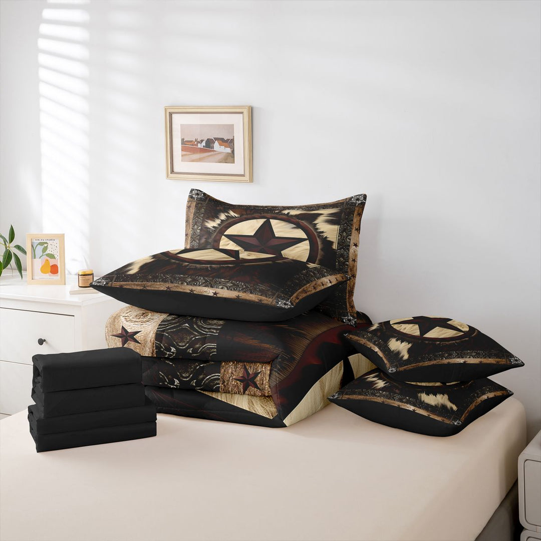 meiyoeat Vintage Cattle Hide 7-Piece King Bedding For Boys,Rustic Western Cowboy King Bed in a Bag For Kids,Black Reversible