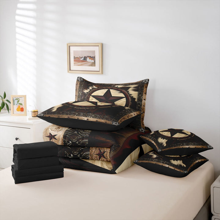 meiyoeat Vintage Cattle Hide 7-Piece King Bedding For Boys,Rustic Western Cowboy King Bed in a Bag For Kids,Black Reversible