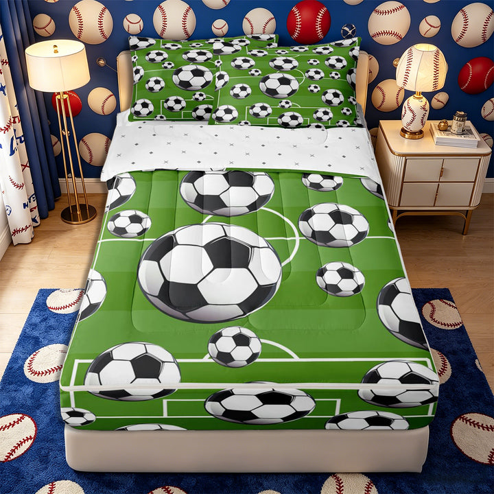 Meiyoeat Sporty Soccer Ball Pattern Zipper Full Size Comforter Sets with Fitted Sheet and 2 Pillowcases for Teens, Playful Football Field Print Zipper Bedding Set for Bedroom,4pcs