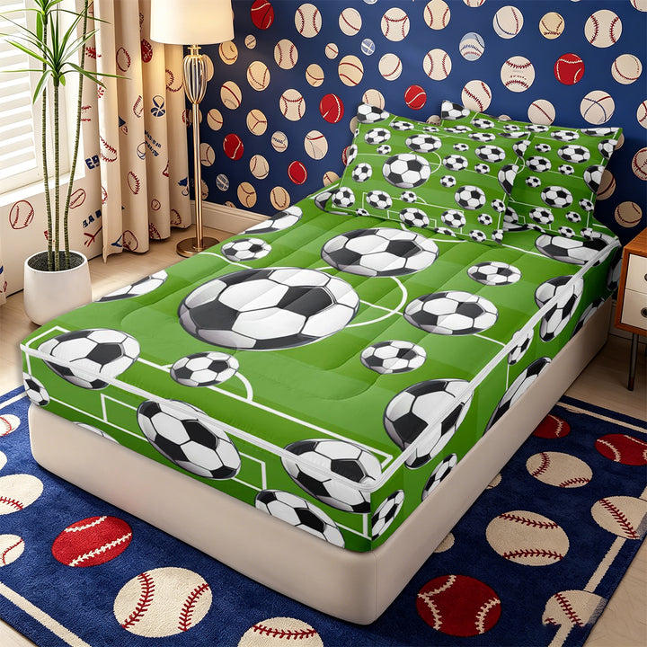 Meiyoeat Sporty Soccer Ball Pattern Zipper Full Size Comforter Sets with Fitted Sheet and 2 Pillowcases for Teens, Playful Football Field Print Zipper Bedding Set for Bedroom,4pcs