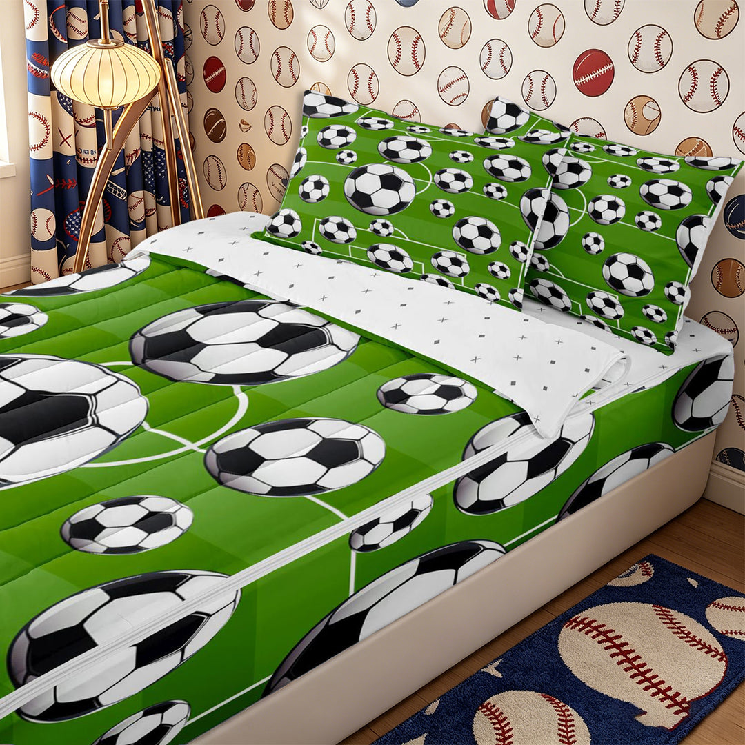 Meiyoeat Sporty Soccer Ball Pattern Zipper Full Size Comforter Sets with Fitted Sheet and 2 Pillowcases for Teens, Playful Football Field Print Zipper Bedding Set for Bedroom,4pcs