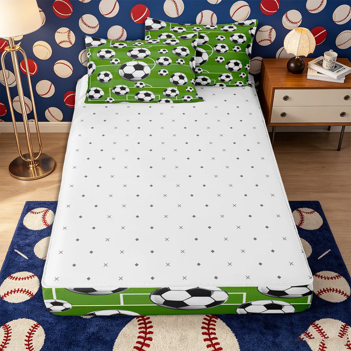 Meiyoeat Sporty Soccer Ball Pattern Zipper Full Size Comforter Sets with Fitted Sheet and 2 Pillowcases for Teens, Playful Football Field Print Zipper Bedding Set for Bedroom,4pcs