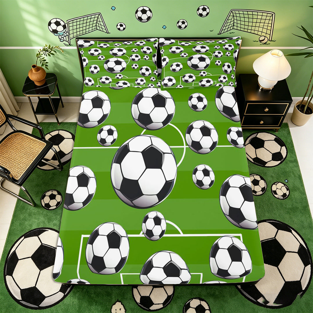 Meiyoeat Sporty Soccer Ball Pattern Bed Sheets 4-Piece for Teens, Playful Football Field Print Full Size Sheets for Bedroom, Green Black White
